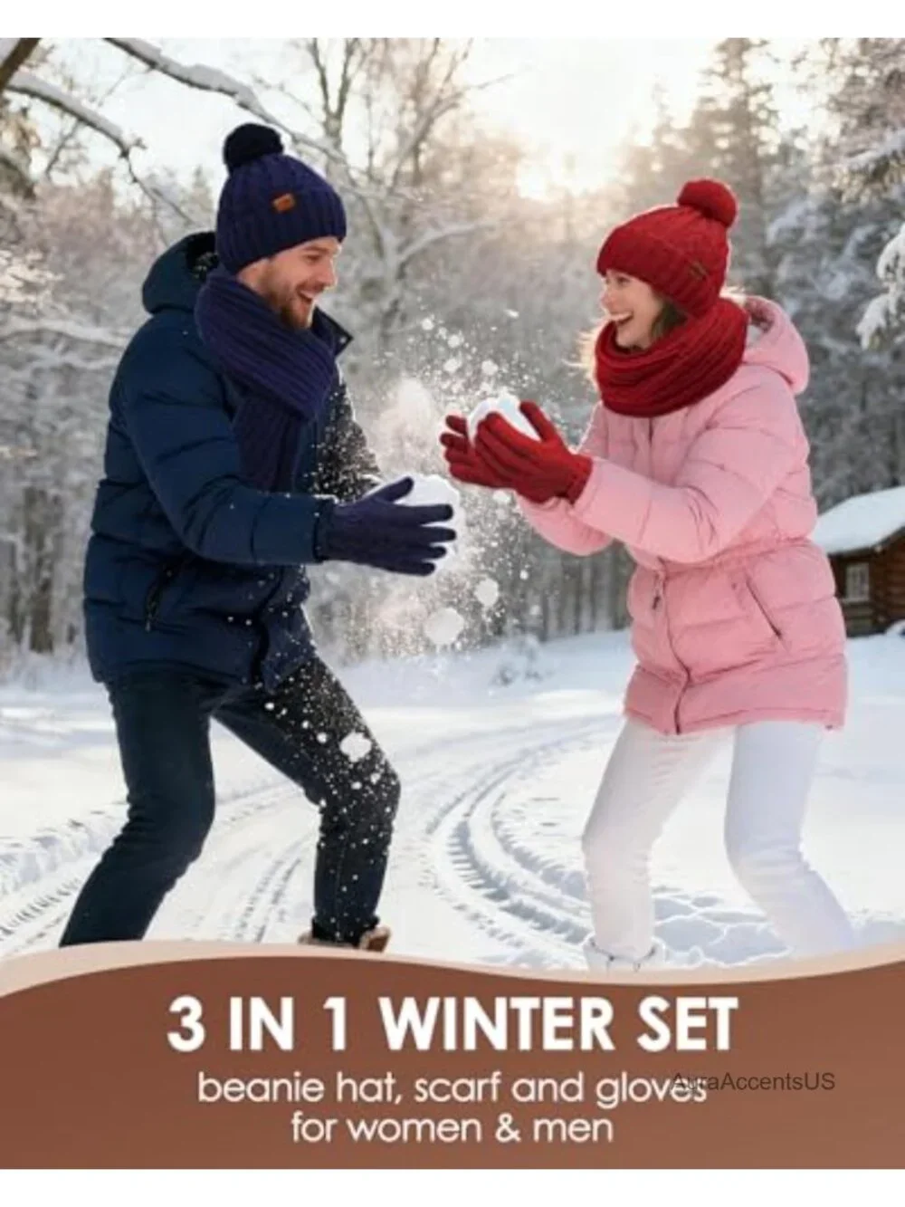 Winter Beanie Hat Scarf Gloves Set, Fleece Lined Knit Pompom Touchscreen Mittens